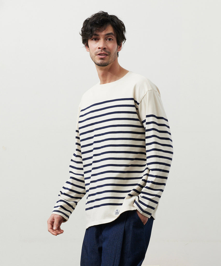 PANEL BORDER L/S POLO (Natural × Navy) | パネルボーダーポロシャツ