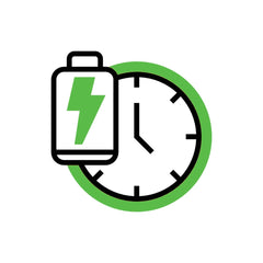 Green battery icon with a lightning bolt on the front of it, and a grey clock icon in the background.