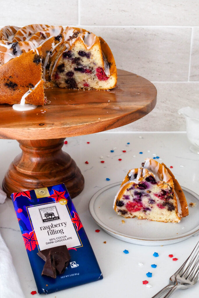 Berry Bundt Cake featuring Endangered Species Chocolate Raspberry Filling + 60% Dark Chocolate Bar