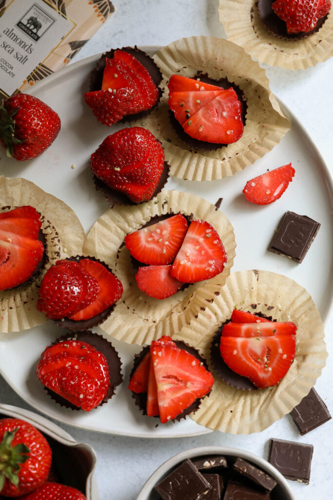 Chocolate Strawberry Cups with Endangered Species Chocolate Almonds, Sea Salt + 72% Dark Chocolate