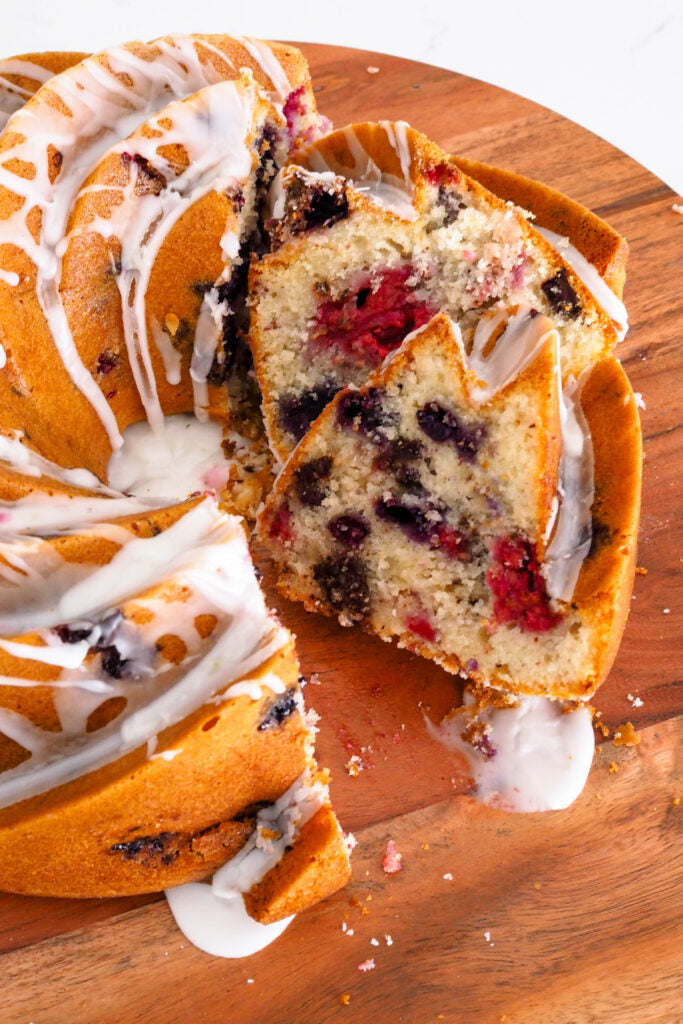 Berry Bundt Cake featuring Endangered Species Chocolate Raspberry Filling + 60% Dark Chocolate Bar