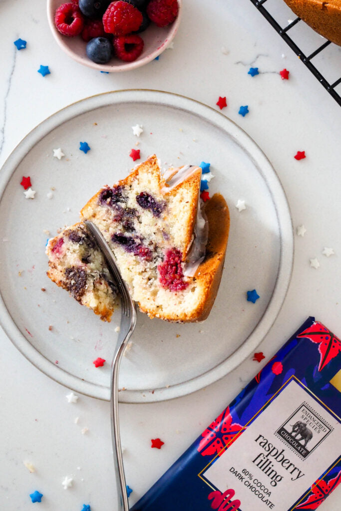 Berry Bundt Cake featuring Endangered Species Chocolate Raspberry Filling + 60% Dark Chocolate Bar