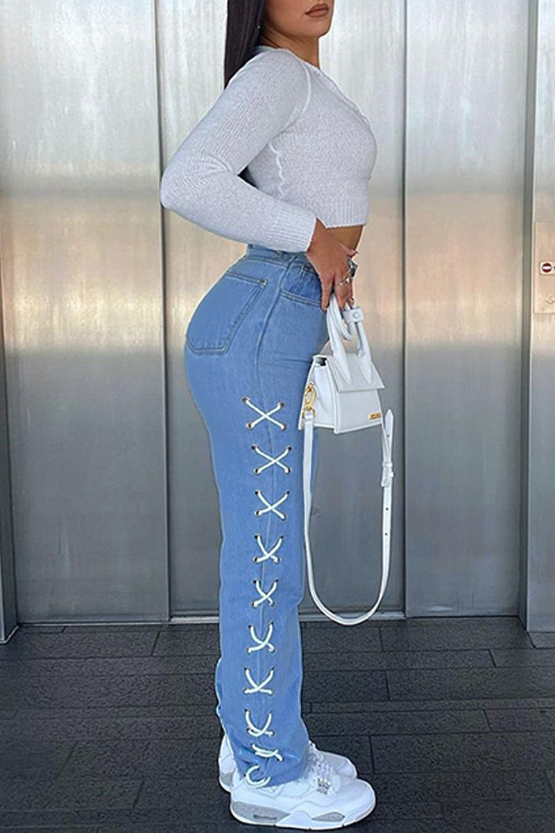 Fashion Casual Solid Split Joint Mid Waist Regular Denim Jeans