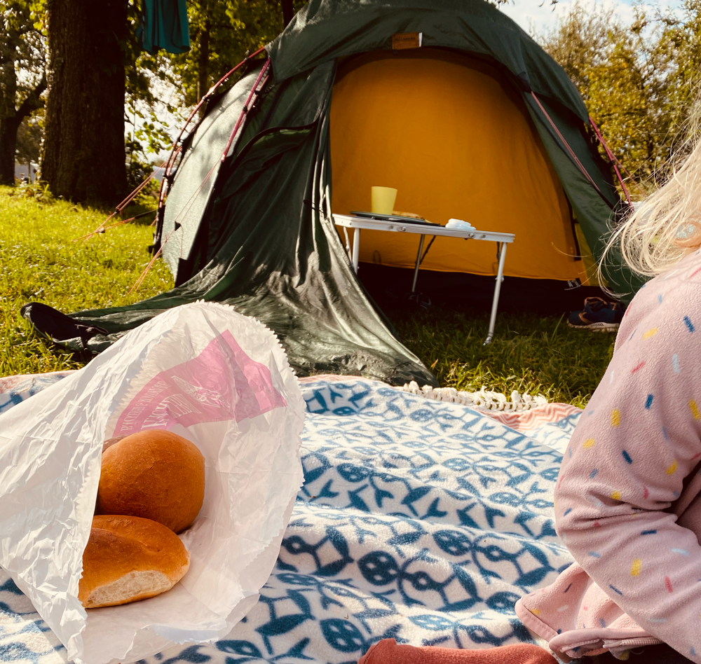 Camping with Kids - Picnic blanket in front of one tent