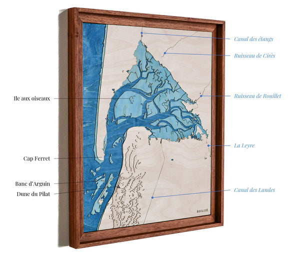 Annotated wooden map of the Arcachon basin