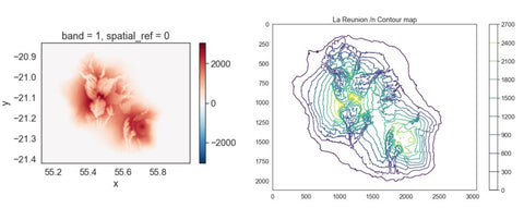 Topographic rendering of Reunion Island, computer transformation of satellite data into iso-altitude curves