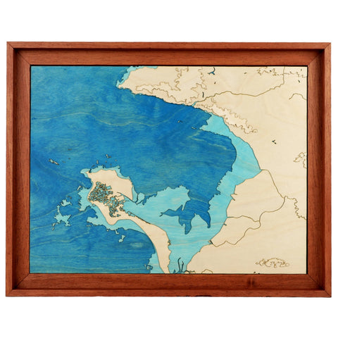 Wooden map of Bourgneuf Bay framed in a Brown floating frame