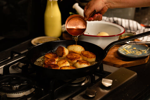 Roasting fondant potatoes in the pan