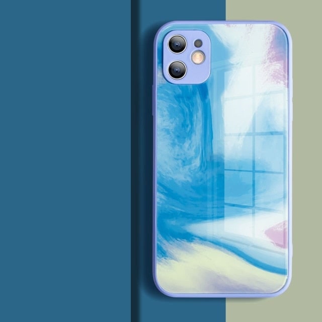 Watercolor Colormix iPhone Case with Tempered Glass Back - Exoticase - For iPhone 13 Pro Max / Light Blue