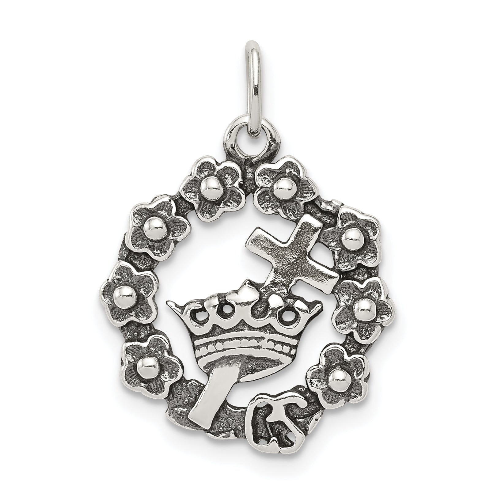 Carat in Karats Sterling Silver Antiqued Cross, Crown Wreath Charm Pe –  Carats in Karats