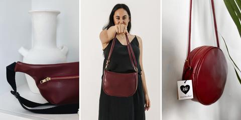 3 handbags in dark red cactus leather from Velvet Heartbeat