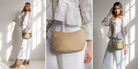 Cactus leather curved crossbody bag in soft latte beige