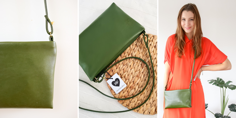 Paz cactus leather bag in nopal green cactus leather. A rectangle bag in a cactus green colour made from cactus leather