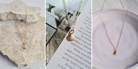 Dainty gold necklace with clam shell charm