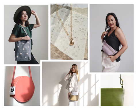 Spring edit features: Daisy denim tote bag, dainty gold clam shell necklace, heather purple fanny pack made with apple leather, round apple leather crossbody bag in coral pink, cactus leather crossbody Liv bag in Latte, and cactus leather Paz bag in Nopal Green