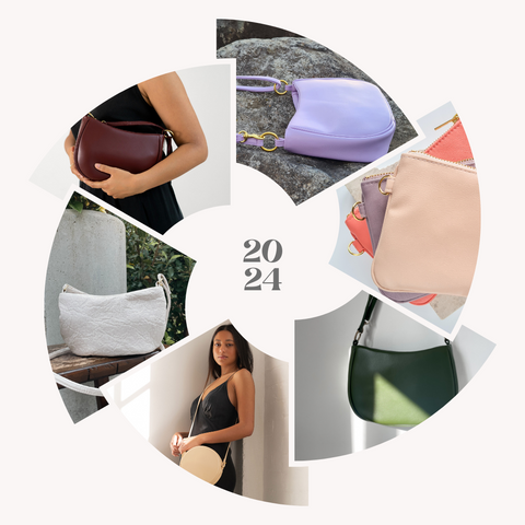 A circular collection of images showing handbags in 6 different trending colours
