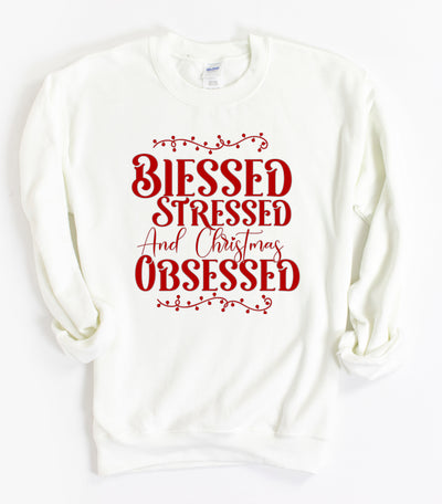 Blessed, Stressed, and Christmas Obsessed - Unisex Crew-Neck Sweatshirt - Joy & Country