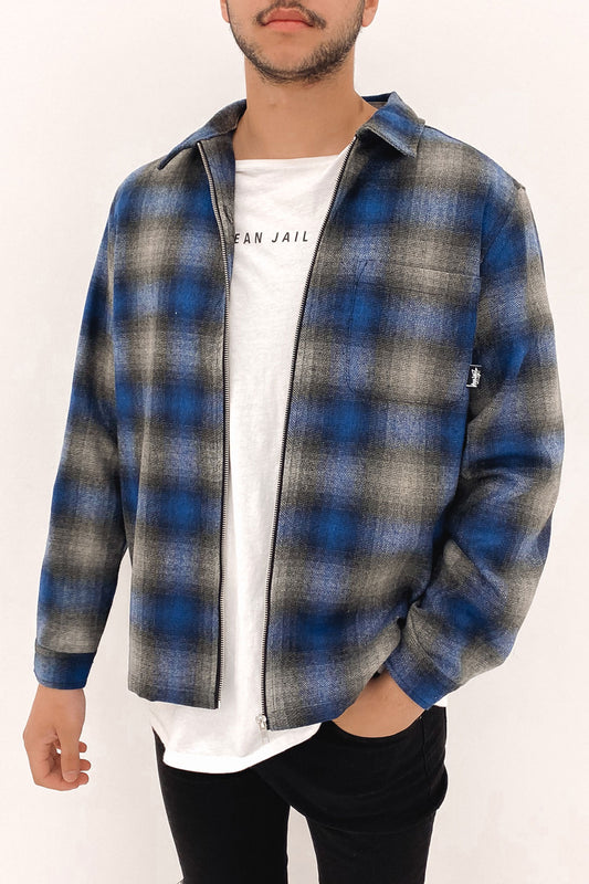 Shadow Plaid Zip Up Long Sleeve Shirt Mid Blue - Jean Jail