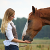 blonde girl feeding a horse