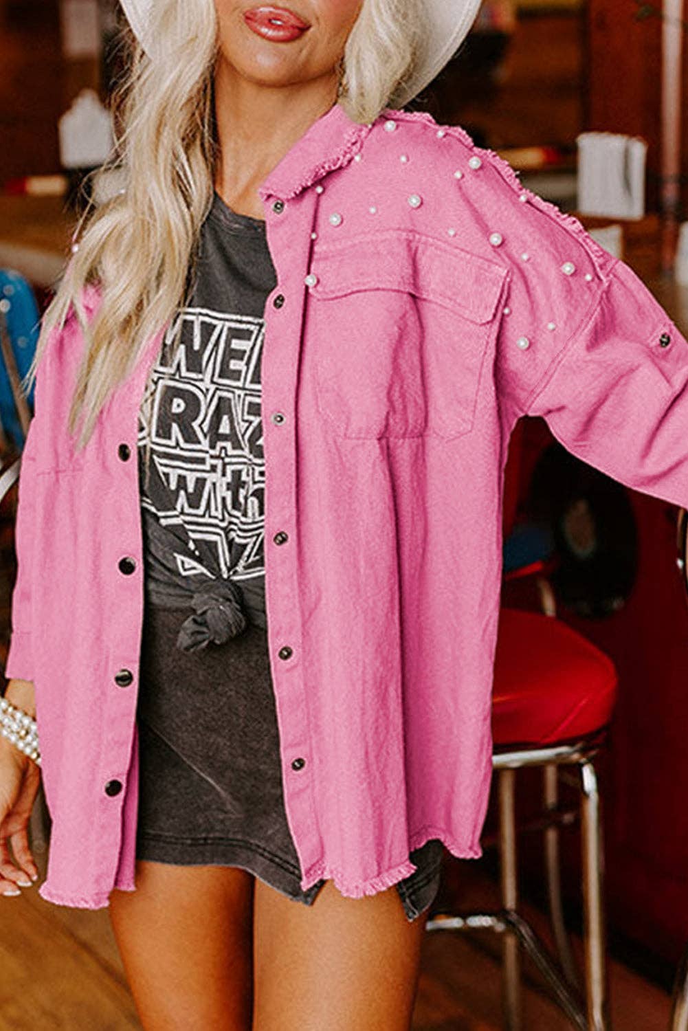 Denim Pearl Beaded Button-Up Jacket