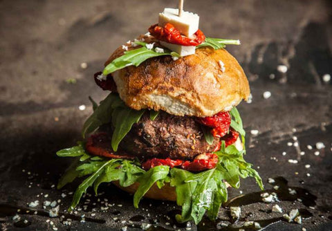 Lamb Burger with arugula and feta cheese