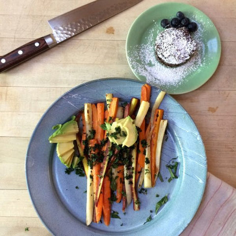 Grilled Garlic Carrots with Avocado, Parsley and Mint