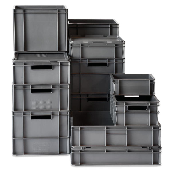 Premium Euro Containers with Hinged Lids - Grey - All Sizes - Tufferman