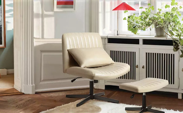 PUKAMI Armless Desk Chair No Wheels with Ottoman&Lumbar Support