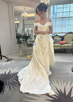 Elegant Off Shoulder A-Line Long Satin Wedding Dress Ball Gown Evening Dress nv2811 - NiceVestidos