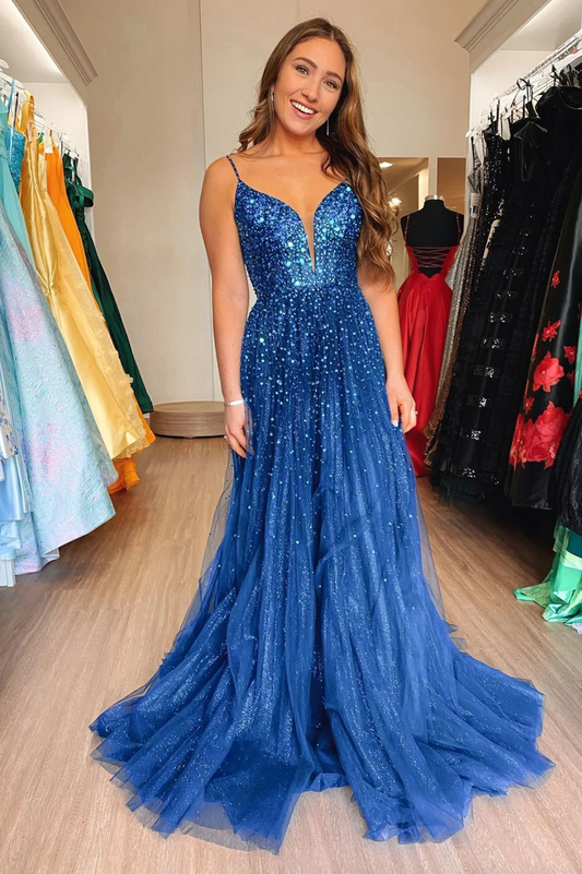 Blue A line tulle sequin long prom dress, blue tulle formal dress