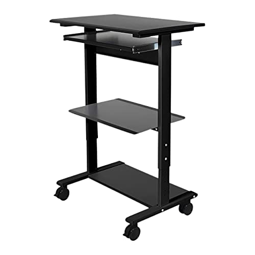 Stand Up Desk Store Mobile Rolling Adjustable Height Standing Workstation with Printer Shelf and Slideout Keyboard Tray (Black Frame/Black Top, 30" Wide) S Stand Up Desk Store