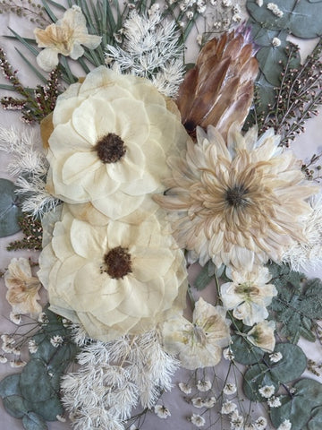 pressed flower art, pressed white rosed, pressed chrysanthemum, created with joy pressed flowers