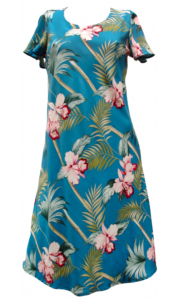 Orchid Bamboo Tropical Cap Sleeve Hawaiian Dress in Blue – Paradise ...