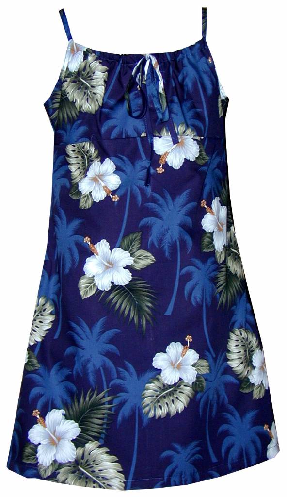 Hibiscus Floral Girls Tropical Print Spaghetti Strap Dress in Navy ...