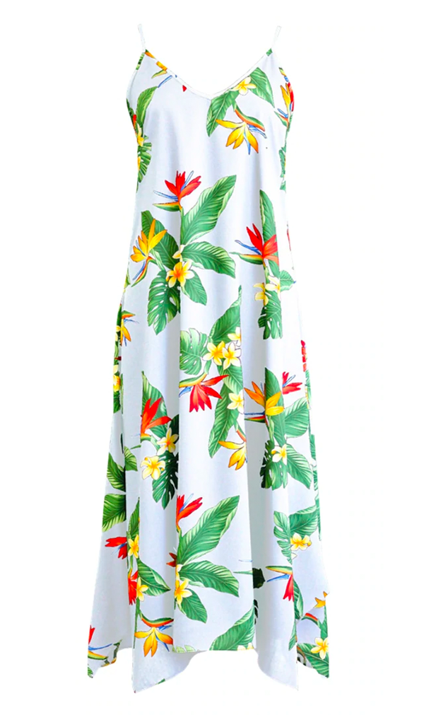 BOP Plumeria Ladies Hawaiian V Neck Scarf Hem Maxi Dress in White ...