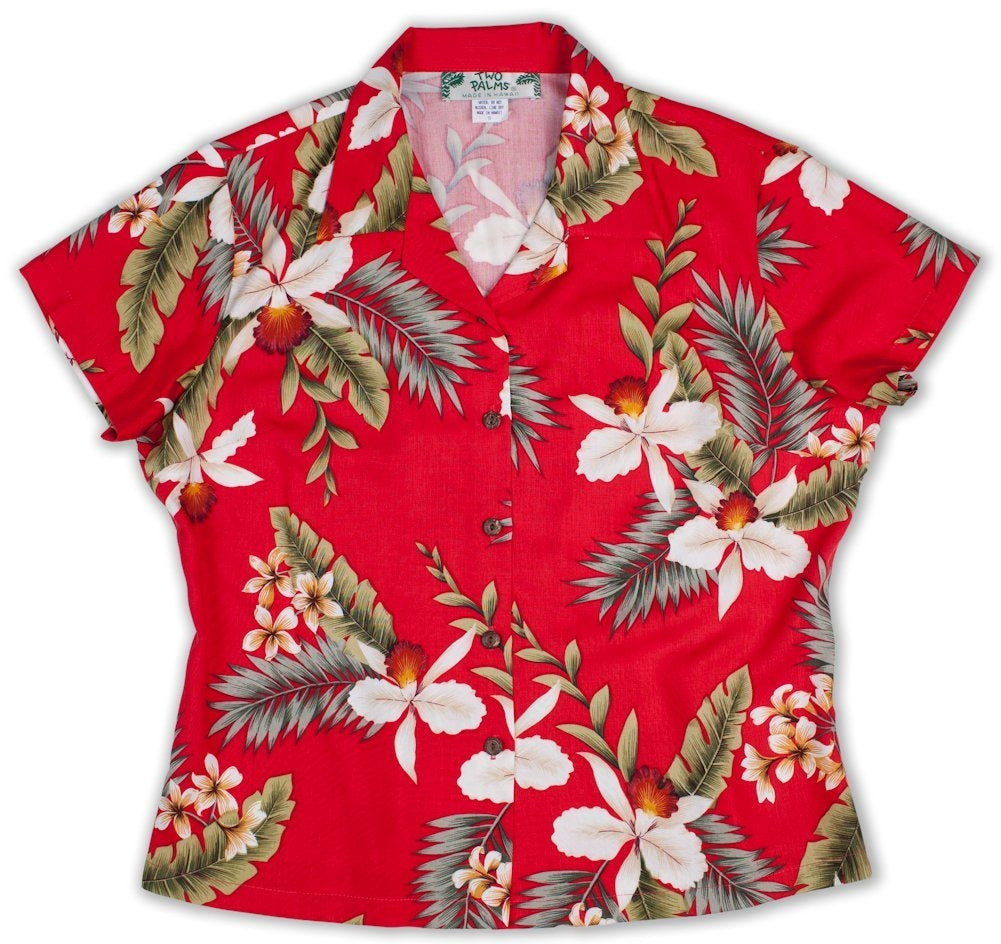 Hawaiian Orchid Ladies Fitted Hawaiian Aloha Shirt in Red – Paradise ...