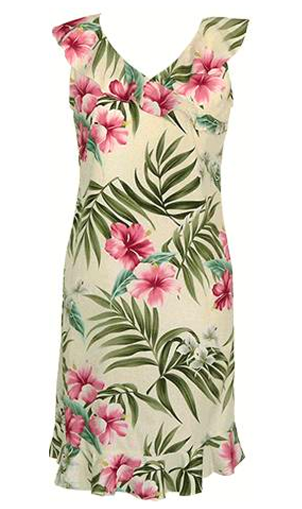 Pink Hibiscus Ladies Rayon V-Neck Ruffle Hawaiian Dress in Beige ...