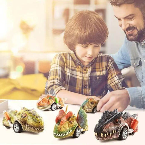 papa et son fils qui joue avec ses petite voiture dinosaure jouet circuit dinosaure