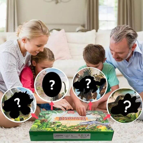 les enfants et les parents avec leur calendrier de l'avant noel jouet dinosaure