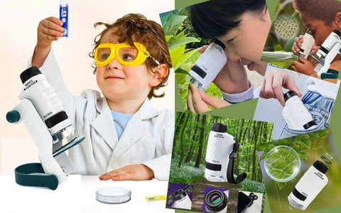Portrait D'enfant Drôle Petit Scientifique Avec Un Microscope