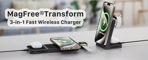 MagFree Transform 3-in-1 Fast Wireless Charger displaying simultaneous charging of iPhone 15, Apple Watch, and AirPods.