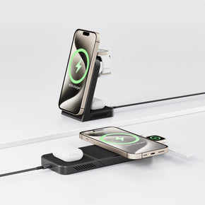 Close-up view of MagFree Transform’s versatile connectivity ports and wireless charging pads.