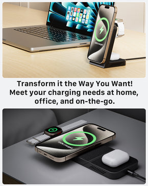 MagFree Transform 3-in-1 Fast Wireless Charger displaying simultaneous charging of iPhone 15, Apple Watch, and AirPods.
