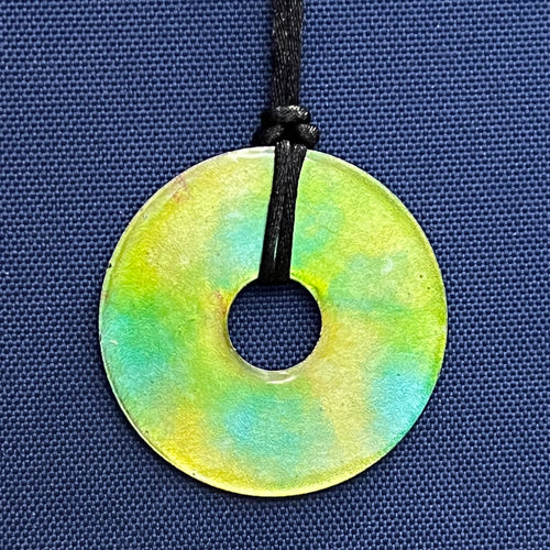 Adjustable Alcohol Ink Pendant Necklace in lime green, yellow, gray & light  blue. Other side yellow