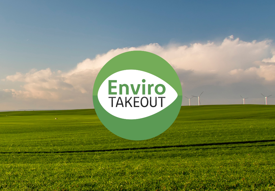 field with windmills and a blue sky above with the envirotakeout logo on top