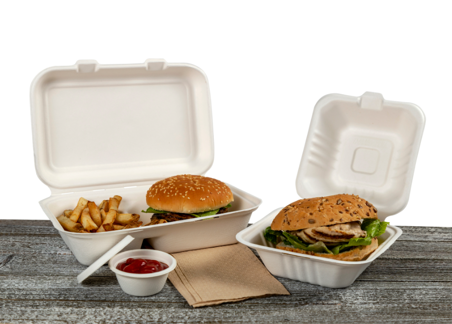 burgers in molded fiber hinged containers