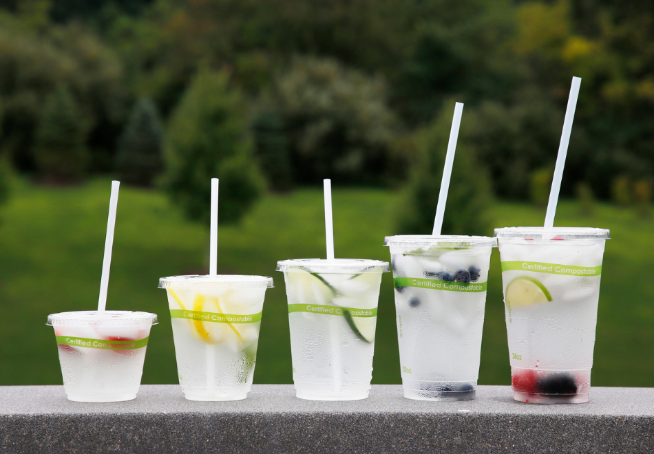 compostable cold cups with compostable PLA straws in them