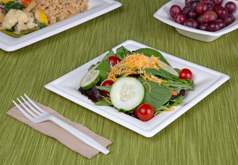 molded fiber square plate with fresh salad on it