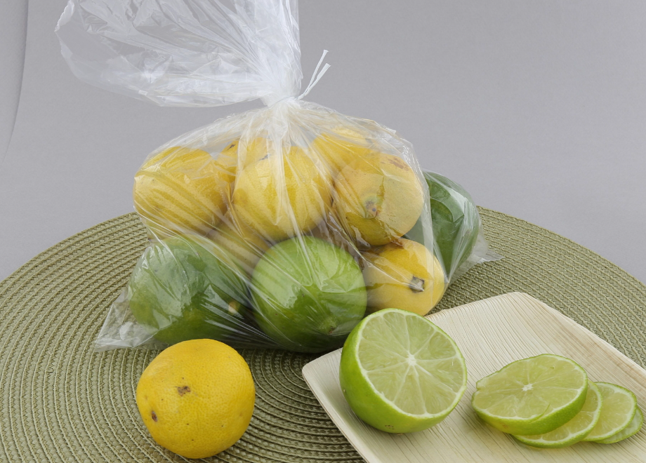 lines and lemons in a clear high density polyethylene bag