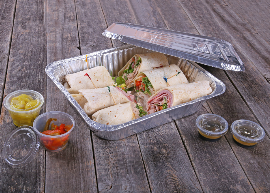 foil catering pan with wraps inside